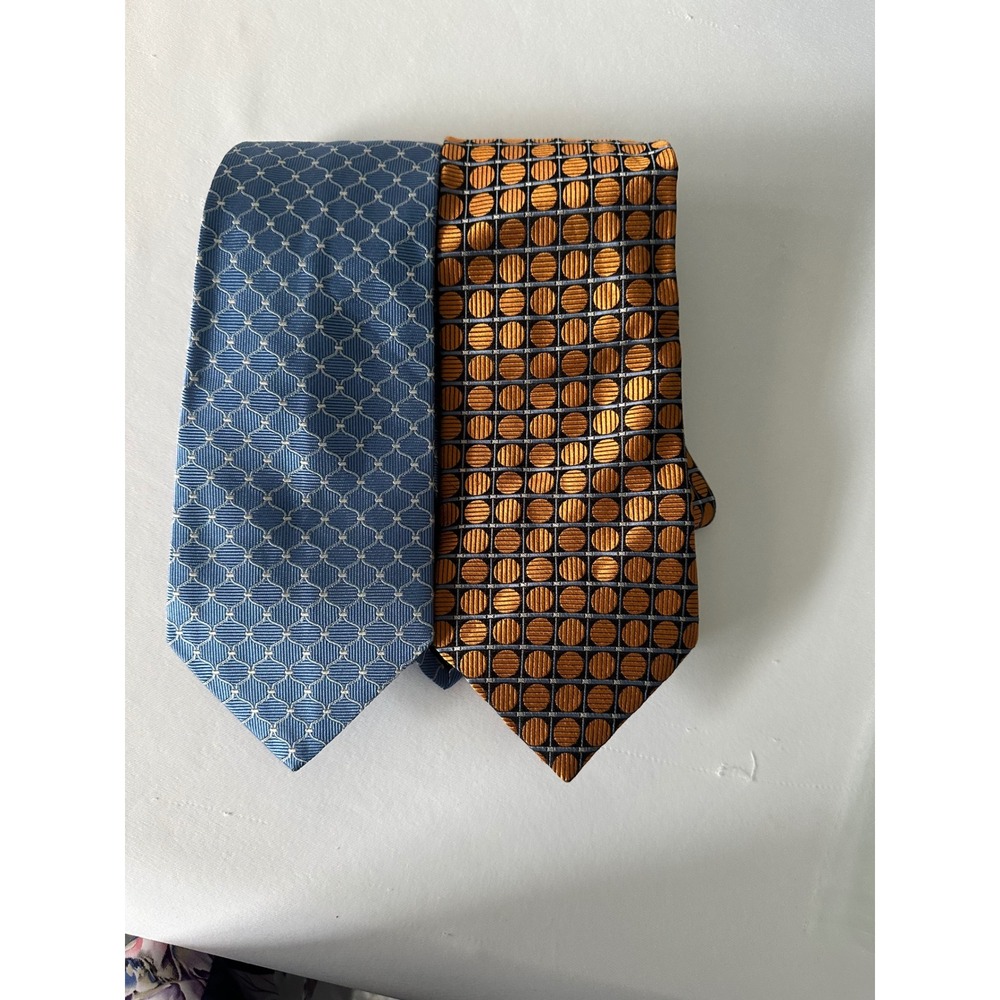 Brooks Brother 346 & Jhane Barnes Mens Silk Necktie Bundle Blue Orange Geometric